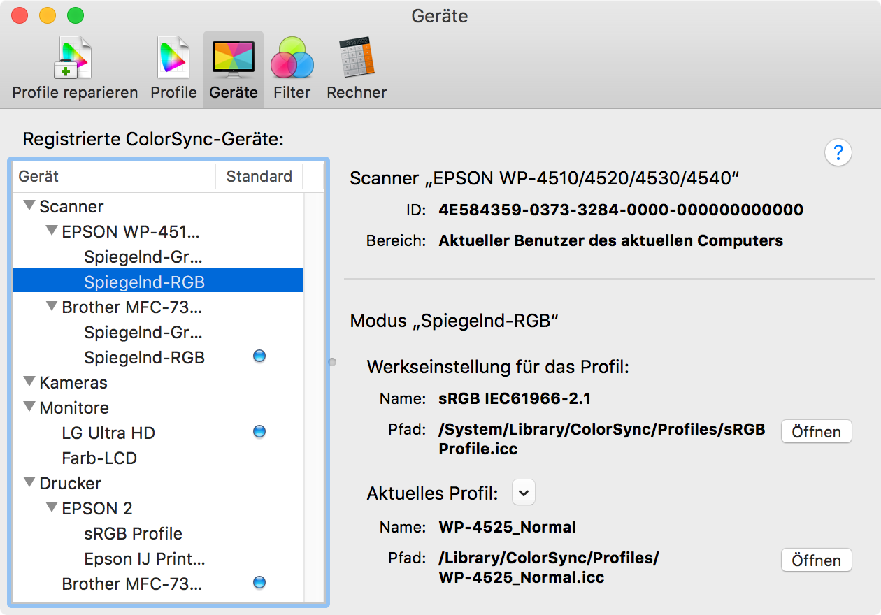 ColorSync Dienstprogramm - Geräte