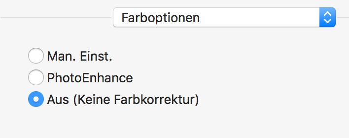 Druckdialog Farbeinstellung - Keine Korrektur