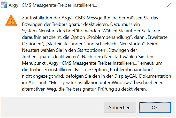 Treiberinstallation Erklär-Fenster